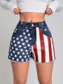 Women'S Flag, Star, Stripe Print Frayed Hem Denim Shorts