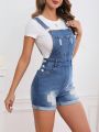 SHEIN Privé Ripped Roll Up Hem Denim Overall Romper Without Tee