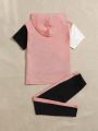 SHEIN Kids EVRYDAY Girls Letter Graphic Colorblock Hooded Neck Tee & Pants