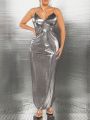 SHEIN SXY Ladies' Long Reflective Fabric Metallic Shoulder Strap Sliver Dress