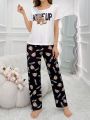 Women'S Cartoon Bear Sleepwear Set With Short Sleeve Top And Long Pants