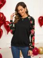 EMERY ROSE Valentine's Day Women Floral Print Drop Shoulder Sweatshirt