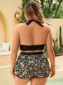 SHEIN Swim Classy Plus Size Floral Print Knot Front Bikini Set 3 Piece Set