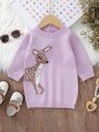 Baby Girls' Knitted Sweater Dress With Cartoon Pattern