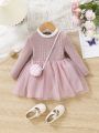SHEIN Baby Girl Casual Knitted Pink Spliced Mesh Long-sleeved Dress And Bag Set