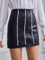 SHEIN Privé Pearl Beaded Faux Leather Skirt