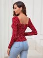 SHEIN Clasi Allover Printed Heart Pattern Sweetheart Collar T-shirt