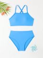 Tween Girls' Solid Color Split Swimsuit Set With Crossed Double Straps Bikini