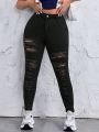 SHEIN ICON Plus Size Women's Black Distressed Skinny Pants