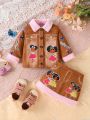 Baby Girl'S Fashionable Patchwork Faux Denim Cartoon Butterfly & Letter Printed Furry Two Piece Set