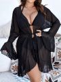 SHEIN Swim Chicsea Plus Size Women's Lotus Leaf Sleeve Drawstring Waist Kimono