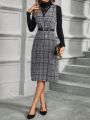 SHEIN Clasi Ladies' Elegant Plaid V-neck Suspender Dress