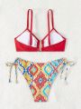 SHEIN Swim BohoFeel Women'S U-Shaped Metal Buckle Decorative Bra And Drawstring Side Triangle Panties Bikini Bathing Suit Set