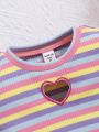 SHEIN Kids Cooltwn Young Girl Daily Sweet And Cool Striped Round Neck Short-Sleeved Top And Skirt