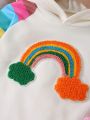 Toddler Girls' Rainbow Color Block Hooded Long Sleeve Embroidery Detail Dress For Fall/winter