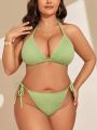 SHEIN Swim Basics Plus Size Women'S Solid Color Halter Neck Strap Swimsuit Set