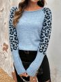 SHEIN Frenchy Leopard Print Patchwork Drop Shoulder Sweater