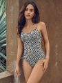 SHEIN Leisure Checker and Floral Print Drawstring Side One Piece Swimsuit