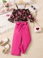 SHEIN Kids CHARMNG Little Girls' Heart & Chain Pattern Printed Off Shoulder Tank Top And Solid Color Pants Set