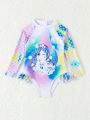 Girls' Mermaid Printed One-piece Swimsuit With Front Lining For Summer Beachwear