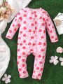 Infant Girls' 100% Strawberry Pattern Asymmetric Zipper Up Soft & Cozy Jumpsuit For Home Wear
