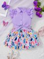 SHEIN Kids SUNSHNE Little Girls' Vacation 2pcs/Set Collared Double Layer Flying Sleeve Shirt And Floral Tie Waist Skirt