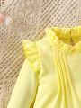 SHEIN Baby Girls' Casual And Elegant Stand Collar Ruffle Trim Dress