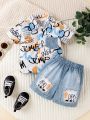 Baby Boys' Letter Printed Top And Imitation Denim Shorts Set