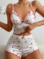 Women's Strawberry Print V-neck Cami Top And Shorts Pajama Set