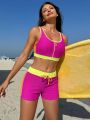 SHEIN Swim SPRTY Colorblock Trim Zip-Front Vest Bikini Set