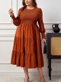 SHEIN Privé Plus Size Shirred Solid Color Puff Sleeve Dress