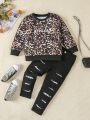 Young Girls' Leopard Print Sweatshirt And Pants Set