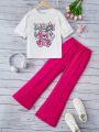 SHEIN Kids QTFun Tween Girls' Knitted Rabbit & Letter Pattern T-Shirt With Split Hem And Flared Pants Set