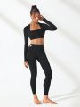 SHEIN Leisure Solid Square Neck Crop Tee & Cut Out Waist Leggings