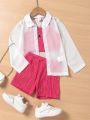 SHEIN Kids EVRYDAY Little Girls' Button-Up Collar Shirt And Textured Strap Shorts Set