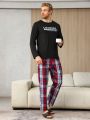 Men's Slogan Printed Long-sleeved T-shirt And Plaid Pants Homewear Set