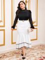 SHEIN Modely Plus Size Women'S Sleeve Cuff & Stand Collar Patchwork T-Shirt