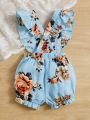 SHEIN Baby Floral Print Ruffle Trim Overall Romper