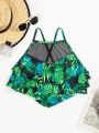 SHEIN Swim Vcay Women'S Tropical Plant Print Halter Bikini Top