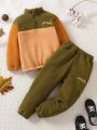 SHEIN Kids SPRTY Young Boy Letter Embroidery Two Tone Teddy Sweatshirt & Pants