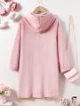 SHEIN Tween Girls' Knitted Solid Color Hooded Loose Fit Long Bathrobe With Double Patch Pockets For Home Wear