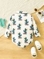SHEIN Baby Boy Casual Cute Fun Cactus Pattern Printed Lapel Baby Boy Bodysuit
