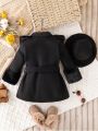 Baby Girl Fuzzy Modified Button-up Belt Long Coat And Hat Autumn And Winter