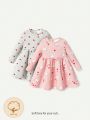 Cozy Cub Baby Girls' 2pcs Heart-Shaped Colorful Cartoon Unicorn Pattern Long-Sleeve Dress With Round Neck And Elastic Waist