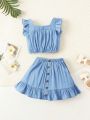 SHEIN Baby Girls' Casual Denim Look Square Collar Top And Elastic Waist Half Skirt Set