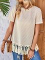 EMERY ROSE Women's Solid Color Waffle Fringed Tassel Crew Neck T-Shirt