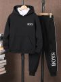 Boys Letter Graphic Kangaroo Pocket Thermal Lined Hoodie & Sweatpants