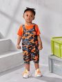 Baby Boys' Summer Orange Round Neck Top With Overall Shorts Set