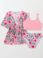 3pcs/Set Young Kids' Swimsuit Set/Random Print/Ruffled Edge With Lock Edge