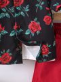 SHEIN Kids FANZEY Young Boys' Valentine's Day Rose Printed Shirt And Shorts Set